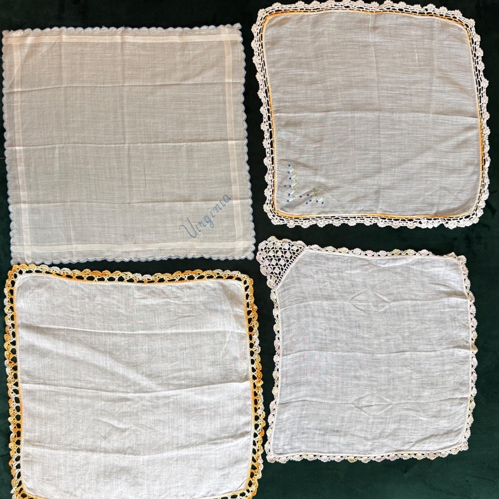 Vintage Handkerchief Lot 4 White Linen Lace Crochet Embroidered Virginia Floral